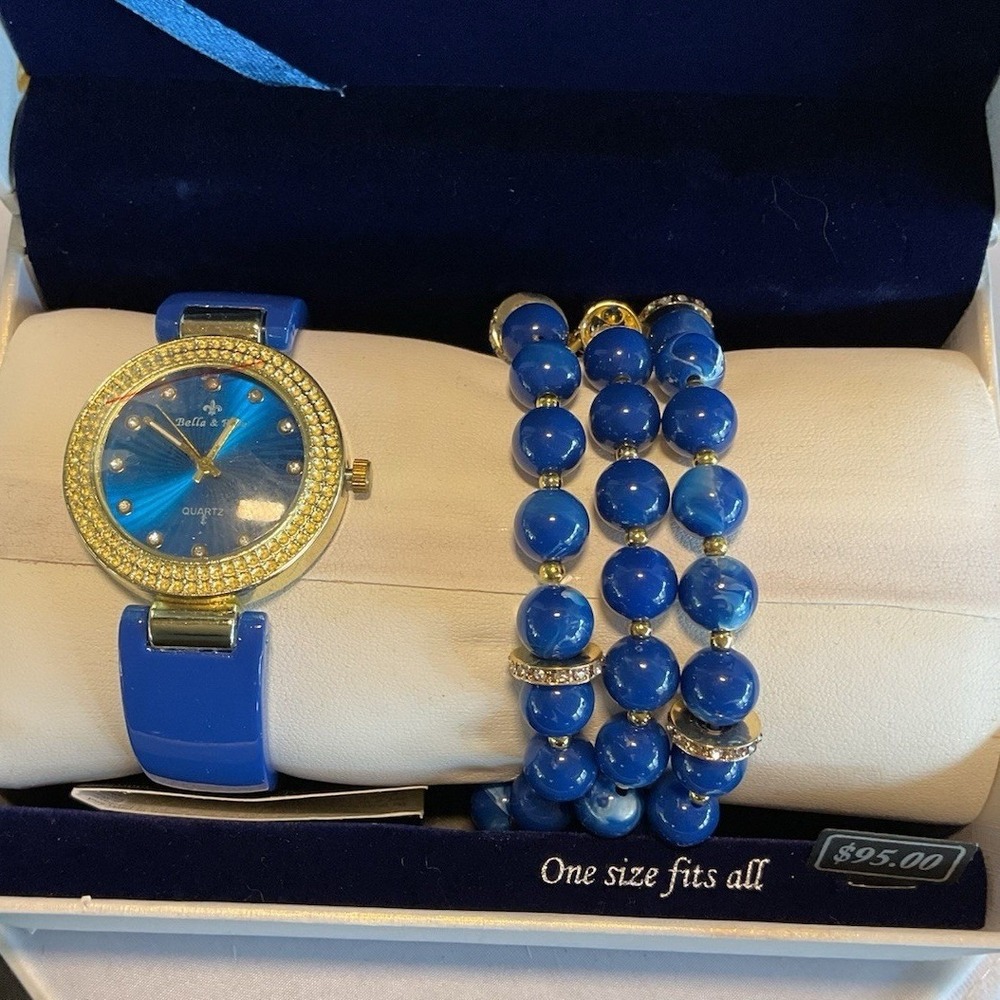 Bella & Rose Limited Edition Watch And Bracelet Set Blue With  Gold Tones